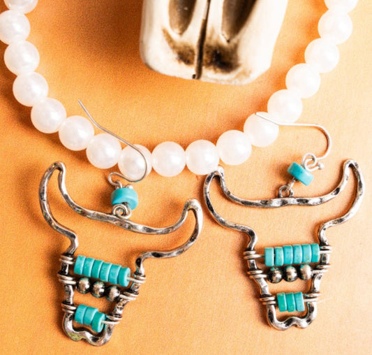 Western Sparkle Turquoise Skull Shaped Hoop Earrings